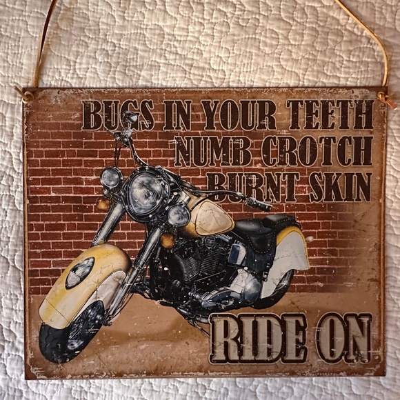 Vintage Motorcycle Sign Bugs In Your Teeth Numb Crotch Burnt Skin Ride On 16x12" - Picture 3 of 7